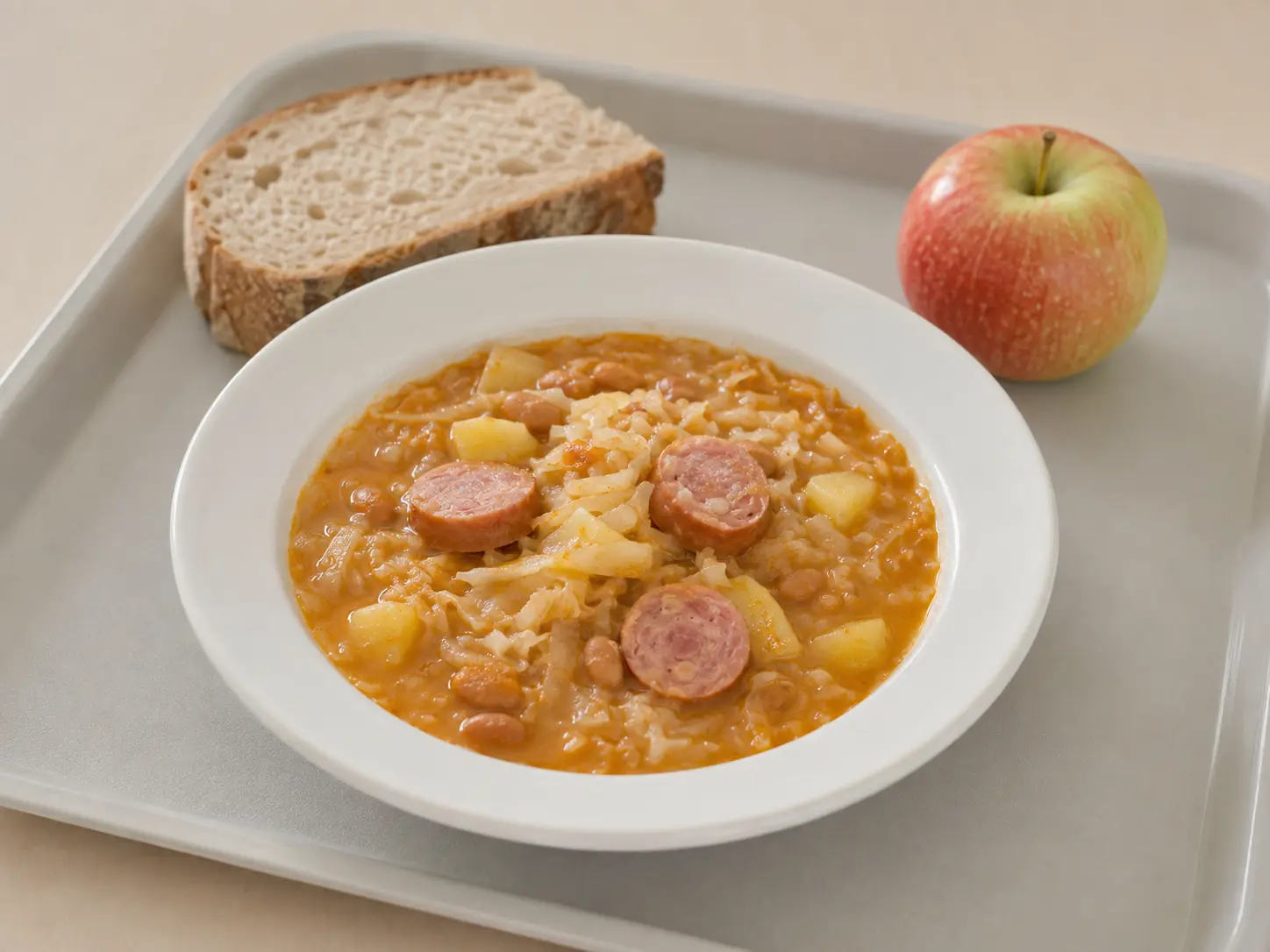 Jota s klobaso, domačim kruhom in jabolkom na šolskem pladnju